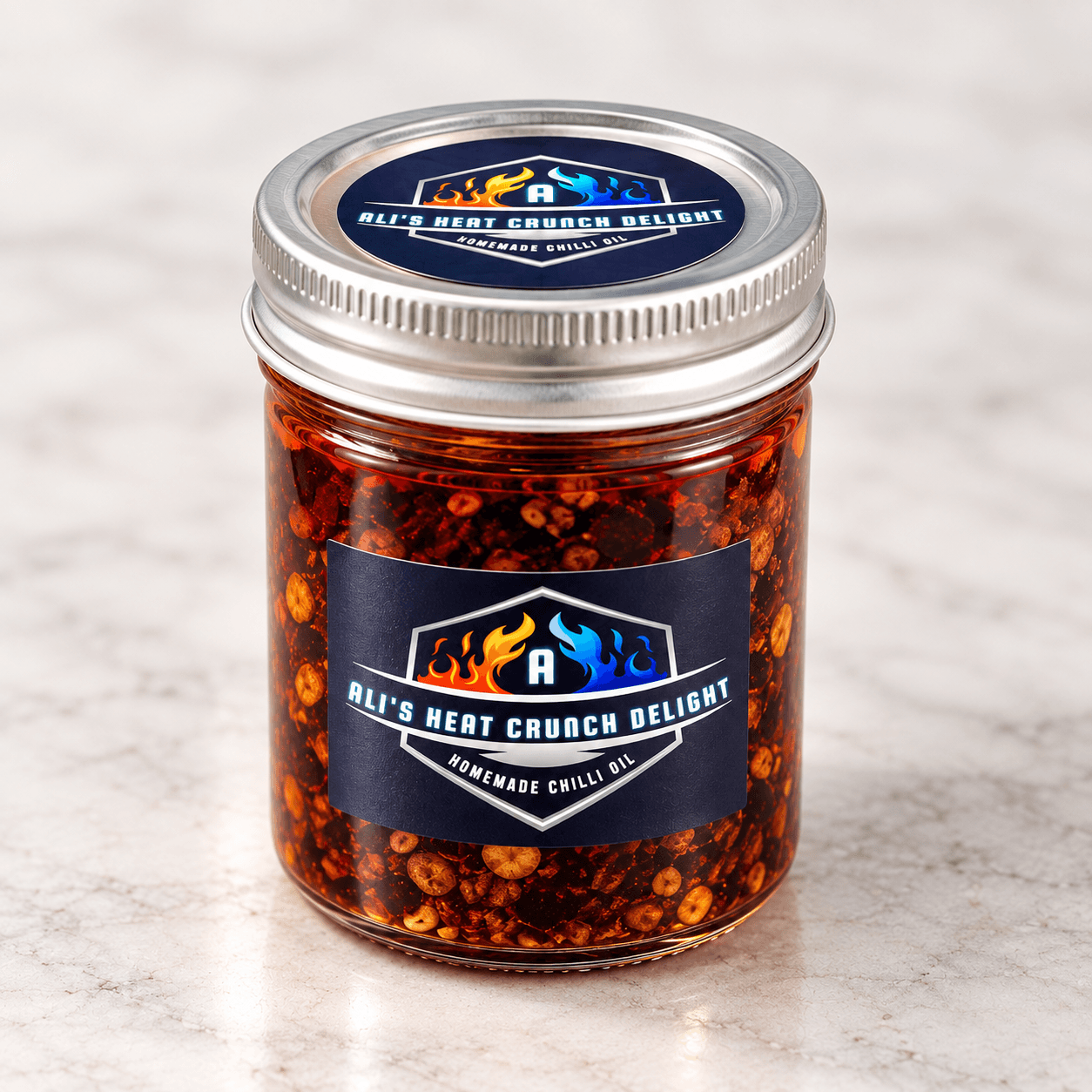 A jar of Ali's Heat Crunch Delight chilli oil, filled with chilli in oil and labelled with the AHCD crest.