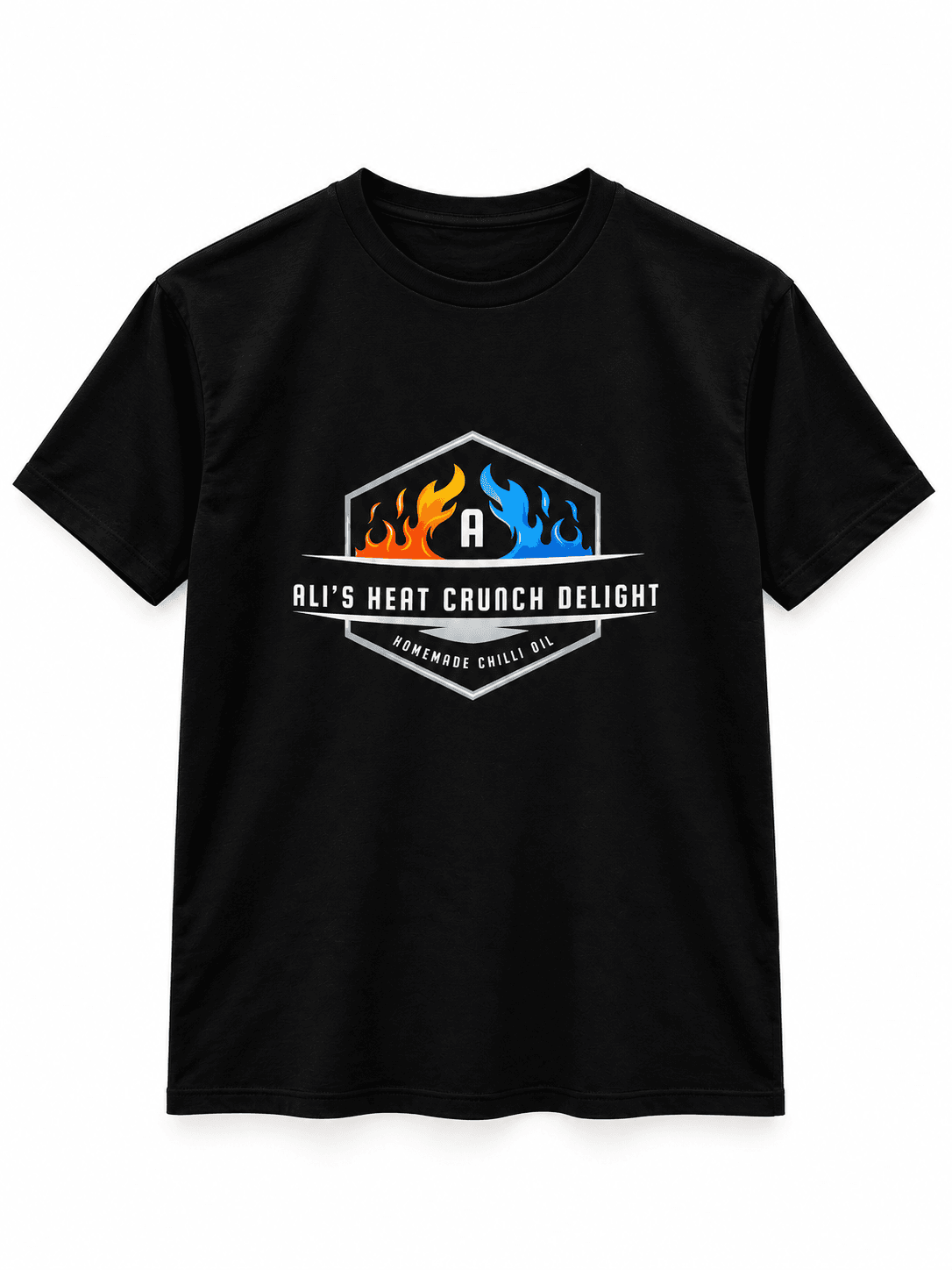 A black Ali's Heat Crunch Delight T-shirt printed with the AHCD crest and the words Homemade Chilli Oil.