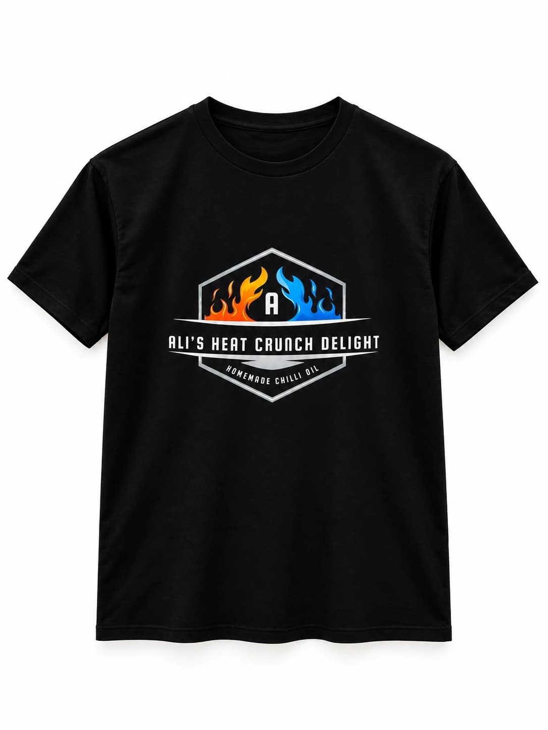 A black Ali's Heat Crunch Delight T-shirt printed with the AHCD crest and the words Homemade Chilli Oil.